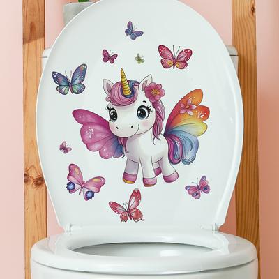 Playful Unicorn and Colorful Butterflies Multi-Surface Toilet Sticker Waterproof Self-Adhesive Removable Decal for Bathroom WC Home Decor
