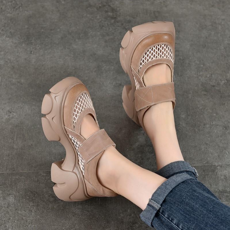 Johnature Leichte Sandalen aus echtem Leder mit dicker Sohle und ausgehöhlten Plateauschuhen für Damen