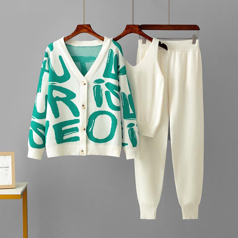 Jacquard Knitwear Three-Piece Set: Cardigan & Pants - Casual Loose Fit
