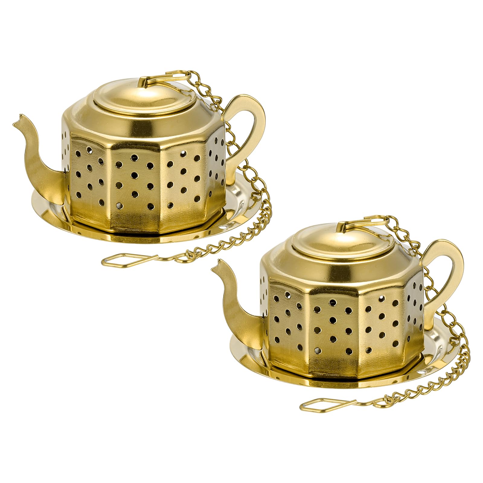 

uxcell Tea Infuser Filter with Chain and Drip Tray, 2-Piece Set, Loose Tea Steeper for Brewing Loose Leaf Tea, Stainless Steel Tea Strainer, Gold