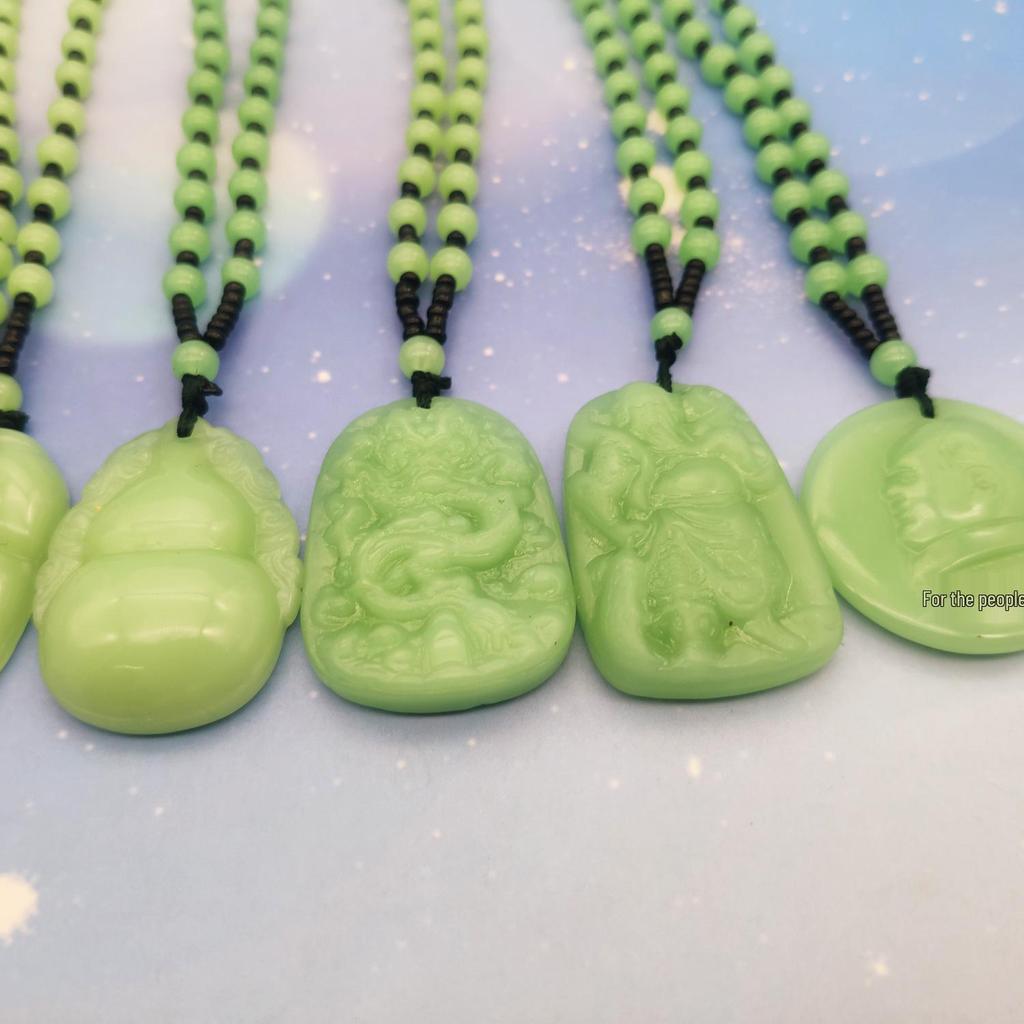 Unisex Green Jade Guanyin & Guan Yu Pendant Necklace – Imitation Chalcedony Buddha & Dragon Sweater Chain