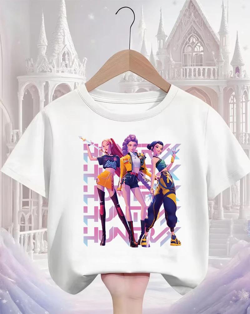 Lovely Cute Kpop Demon Hunters Pattern Kids T Shirt Soft Lightweight Short Sleeve Daily School Casual Round Neck Apparel