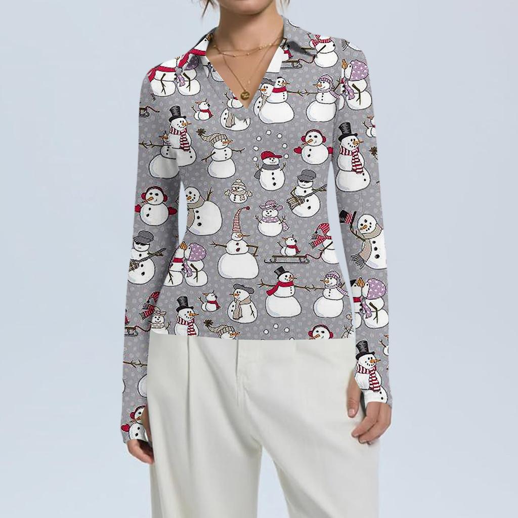 Damenmode Lässig Weihnachts-Print V-Ausschnitt Langarm Knopfleiste Oberteil