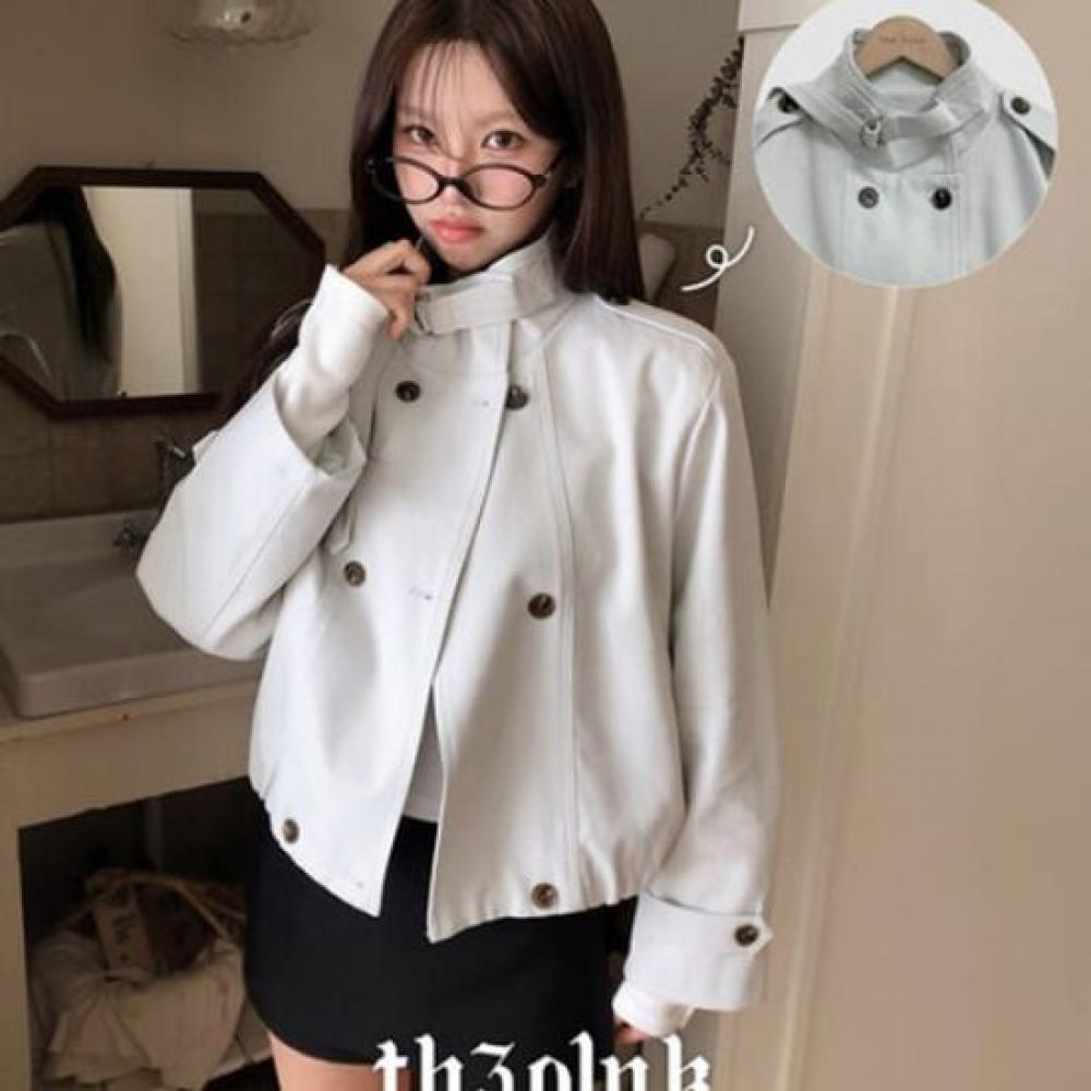 The Pink High Neck Buckle Two Button Short Trench Coat