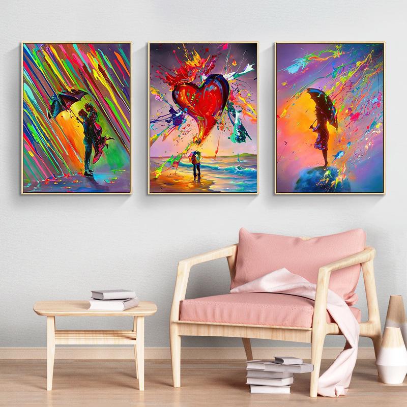 Akvarel Rainbow Rain Lovers Malba na plátně Abstraktní graffiti páry Obejmout nástěnný obraz do obývacího pokoje Domácí dekorace