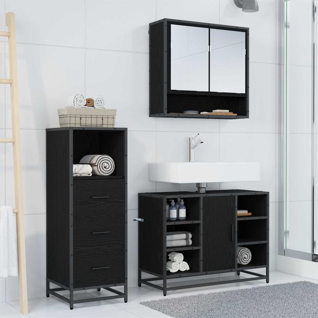Bathroom Furniture Set 3 Pcs Black Oak Effect Particleboard