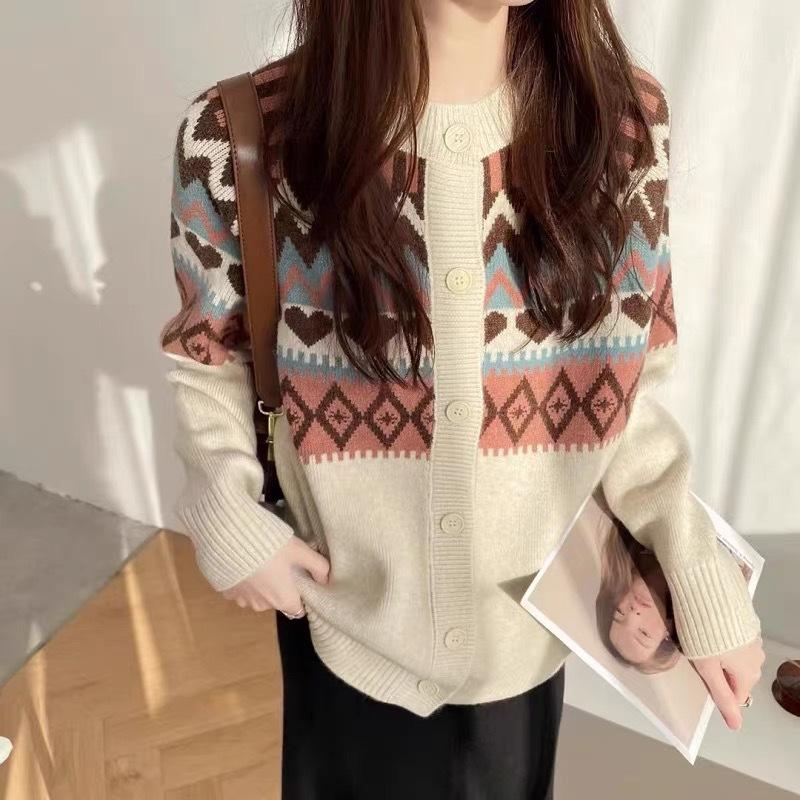 Dámský retro žakárový svetr s kulatým výstřihem, volný úpletový kardigan, jarní podzimní etnický styl, svetr kabát top