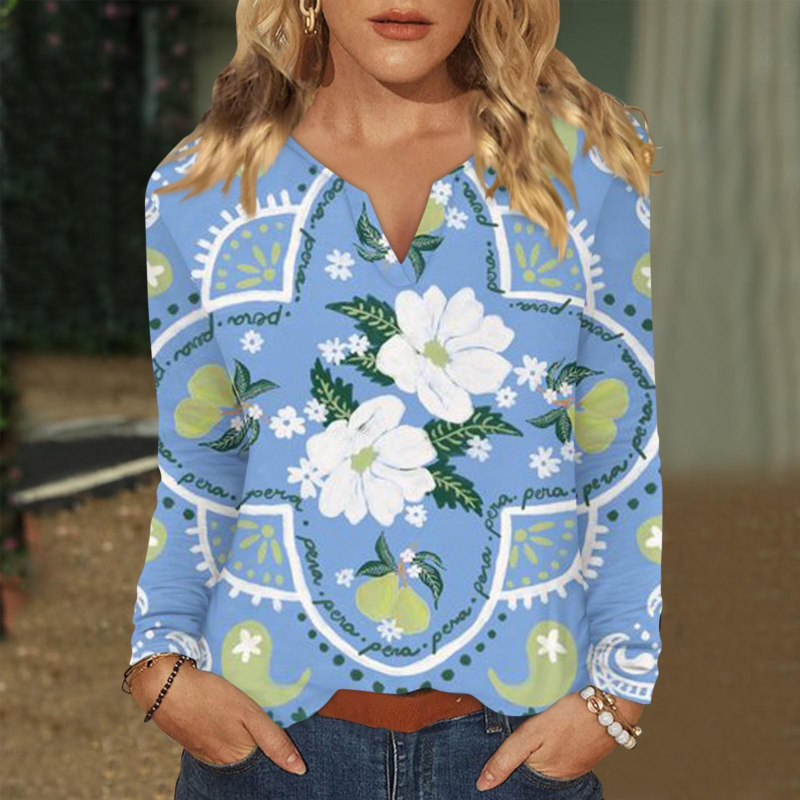 

Женская футболка с принтом, длинными рукавами реглан, модный повседневный базовый топ с v-образным вырезом, обычный топ S синий