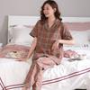 Pure cotton pajamas women's summer cover, thin can be worn outside, short-sleeved plaid large-size cotton loungewear set