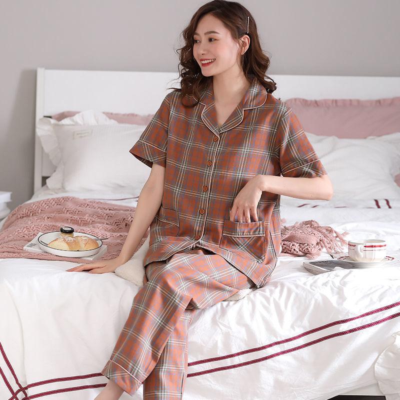 Pure cotton pajamas women's summer cover, thin can be worn outside, short-sleeved plaid large-size cotton loungewear set