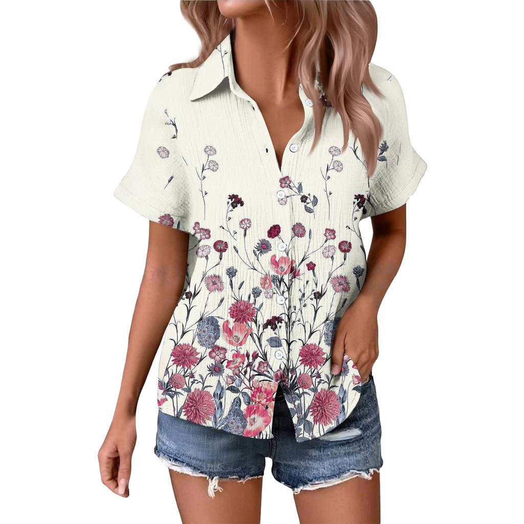 Women's Fashionable Casual Loose Floral Print Short-sleeved Shirt