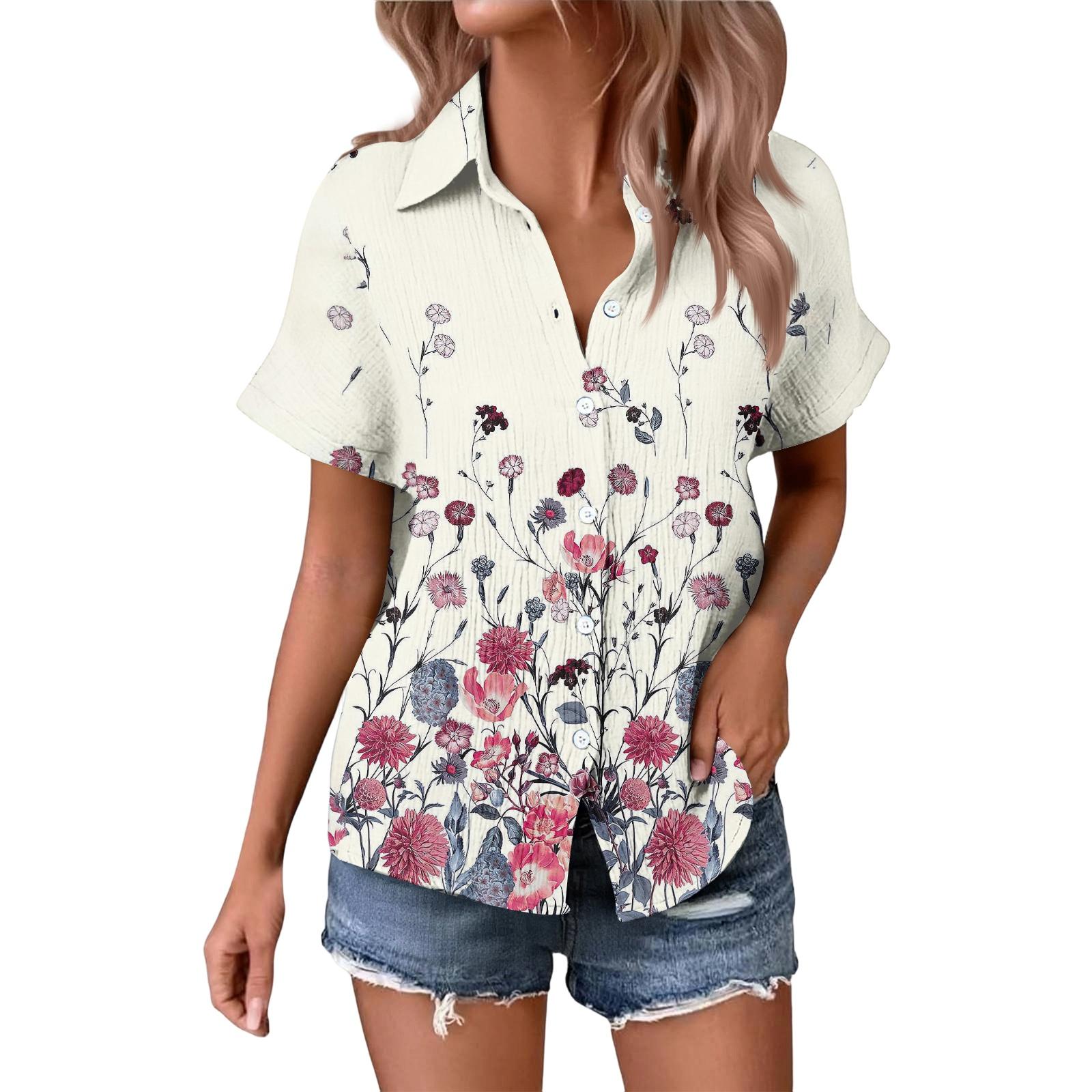 

Women s Fashionable Casual Loose Floral Print Short-sleeved Shirt XXL білий
