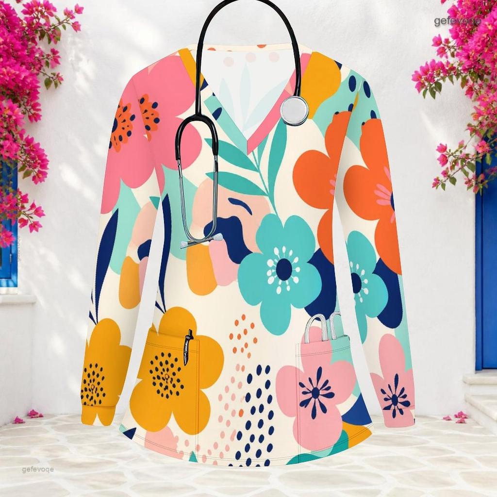 Aquarell-Blumenprint V-Ausschnitt Langarm Damen Krankenschwester Arbeitskittel Weich Atmungsaktiv Medizinische Gesundheitsversorgung Arbeitsbluse Mit Taschen