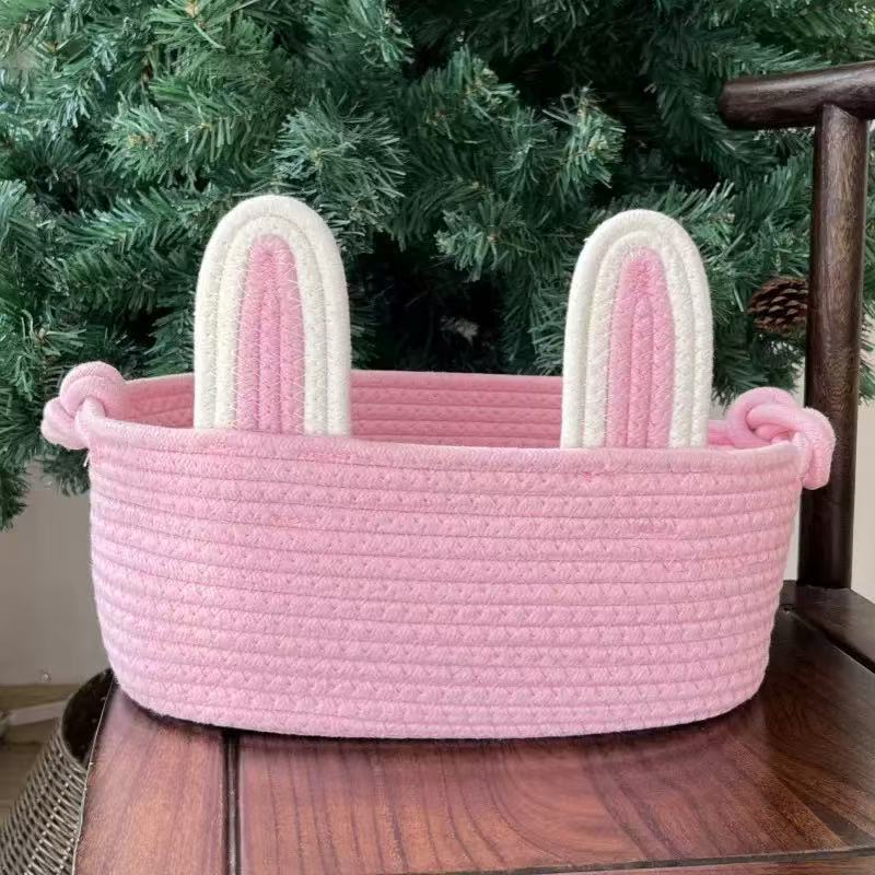 Cotton Rope Basket With Bunny Handle For Diy Easter Craft Storage Organizer For Home Decor
