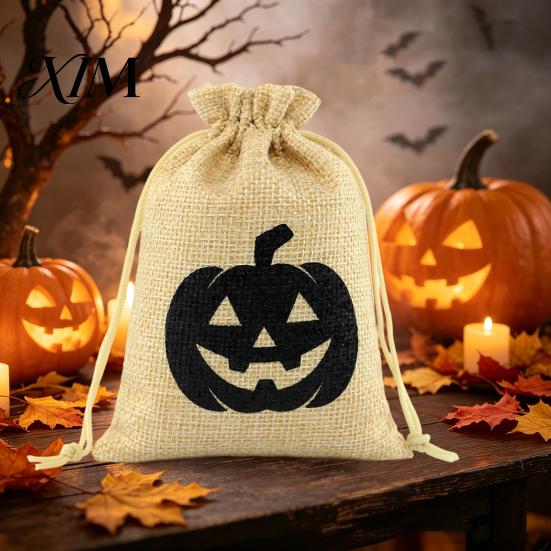 Natural Jute Gift Packaging Halloween Burlap Treat Bags, Pumpkin Ghost Bat Spider Witch Print Drawstring Party Favors Candy Pouches for Cookies Snacks