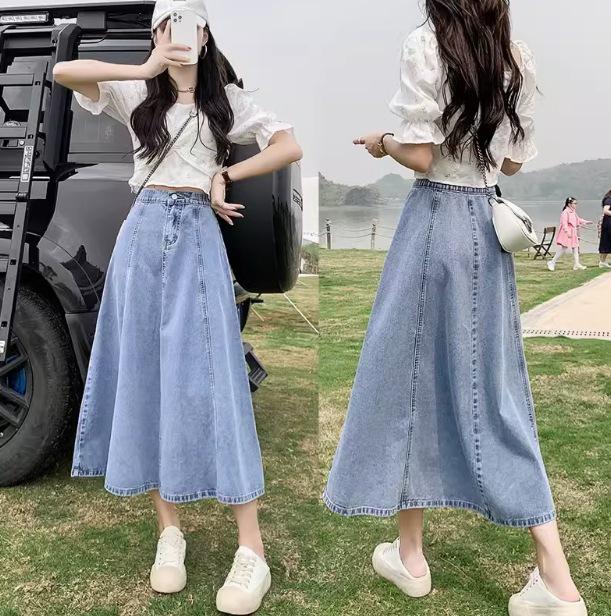 Women's High Waist A-Line Denim Midi Skirt - Slim, Fashionable, and Loose Big Swing Style for Summer