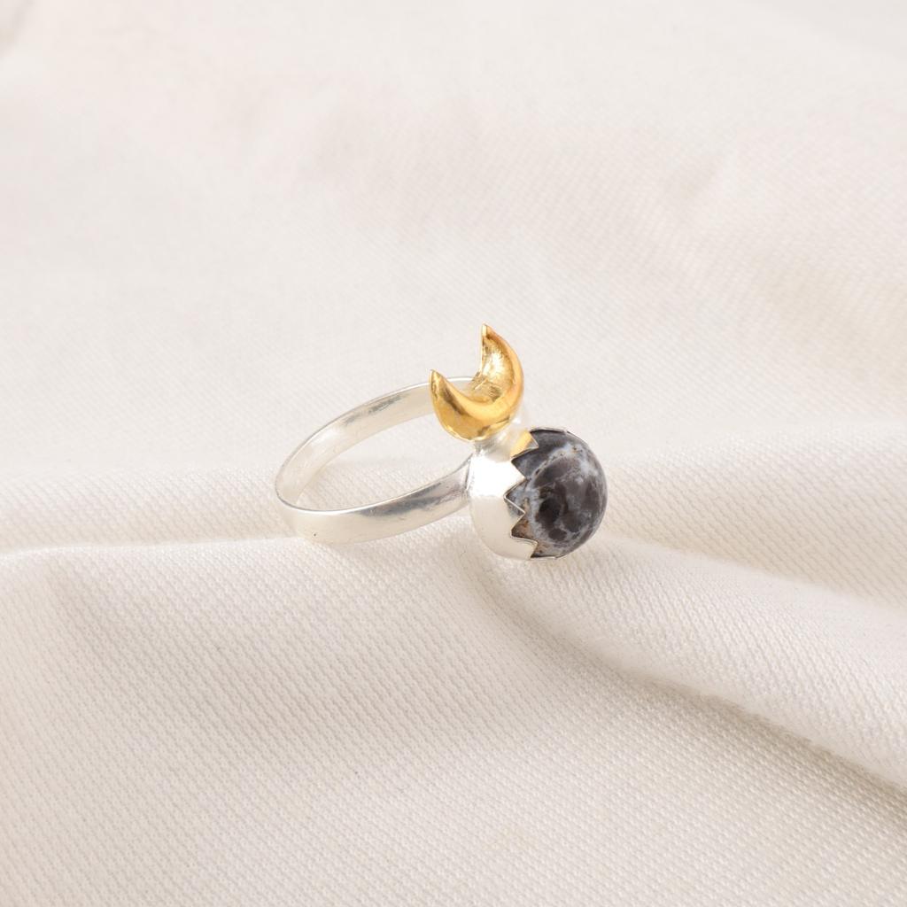 Round Dendrite Opal Gemstone Sterling Silver Unique Eternity Daughter Gift Ring RR-58-29