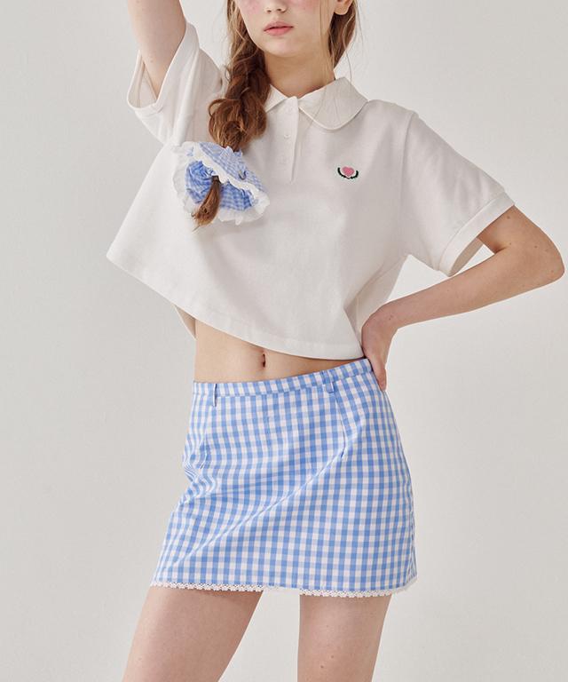 Ronron Torchon Lace Check Mini Skirt Soft Blue