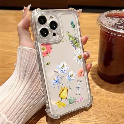 For iPhone 16 Pro Max 16E 15 Pro 14 13 12 11 Phone Case Floral Print Clear Anti-Fall Soft Silicone Shockproof Lens Protection Bumper Cover