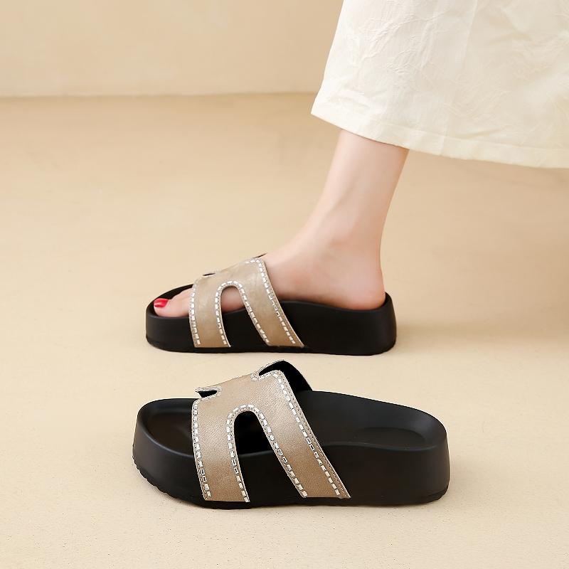 CRLAYDK Women's Platform Slippers Comfort Leather Slides Beach Summer Home Casual Open Toe Soft Walking Sandals