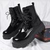 New Men Black Patent Leather British Style Motorcycle Boot Couple Outdoors High Top Leather Waterproof Casual Leather Boots