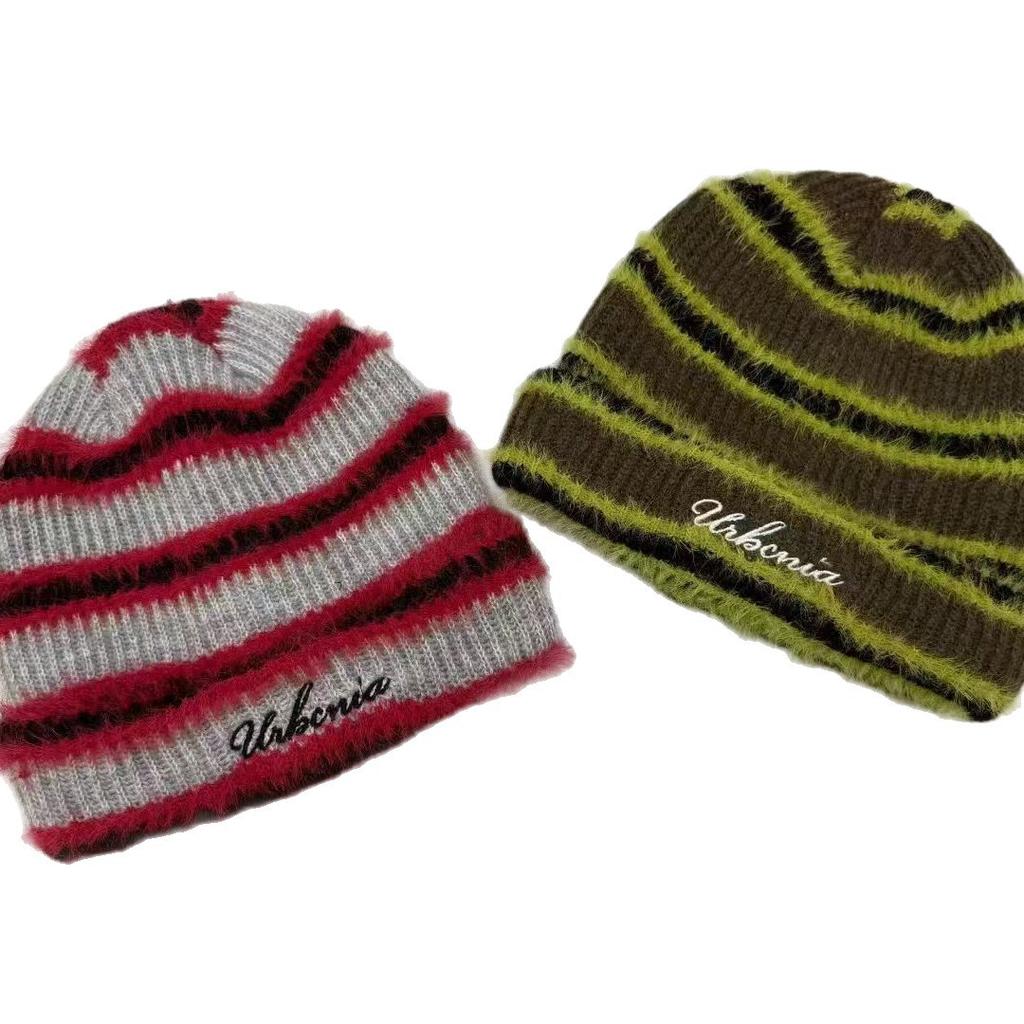 ins striped wool hat women's autumn and winter fashion versatile warm knitted hat big head circumference pullover cold hat men