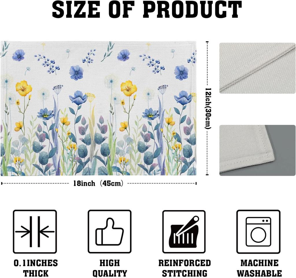 Watercolor Floral Placemats Set of 4 Blue Yellow Poppy Flowers Washable Non-Slip Heat Resistant 12×18 Inch Spring Summer Seasonal Linen Fabric Table M