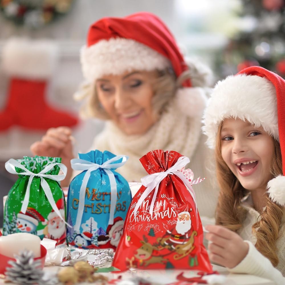 24pcs Drawstring Christmas Gift Bags Foil Gift Bags Durable Decorative Gift for Kids Holiday Celebrations