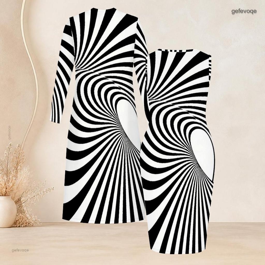 Women Plus Size Two Piece Set Long Sleeve Open Front Cardigan Sleeveless Bodycon Dress Black White Striped Printed