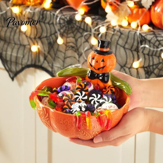 Cute Ghost Figurine Halloween Candy Bowl, Pumpkin Shaped Dish, Spooky Serving Party Food Holder Tray for Cookie, Dessert, Trick or Treat Decor