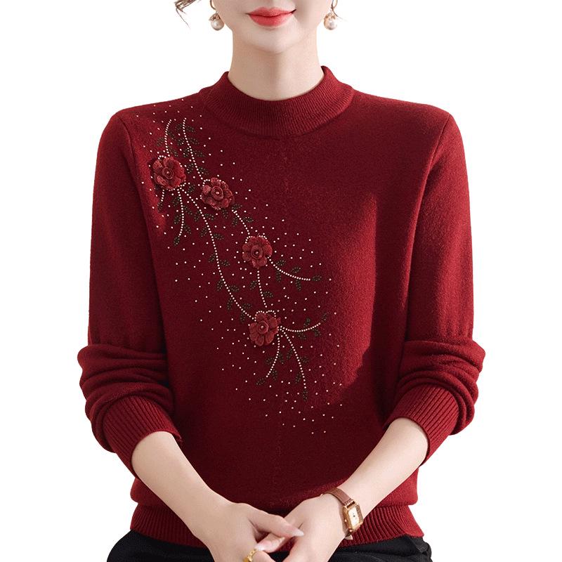 Women's Mid-Aged & Elderly Knitted Half-high Collar Fleece Sweater - Stylish, Thermal, Thickened Winter Wear.