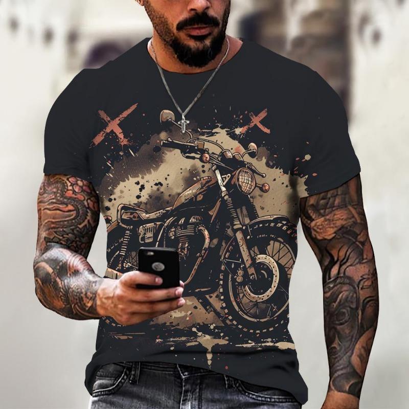 Men's Motorcycle Pattern T-shirt 3D Printed Round Neck T-shirt Casual Loose Men Quick Drying Breathable Comfortable