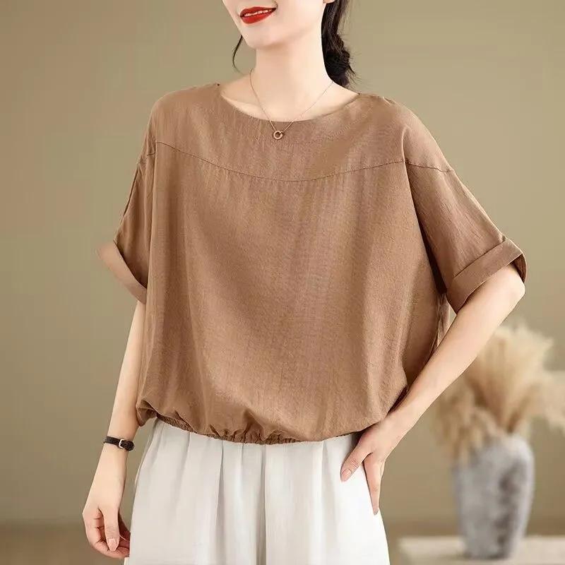 Women s White Textured Linen Blend Boat Neck Cuffed Sleeve Elastic Hem Loose Blouse M