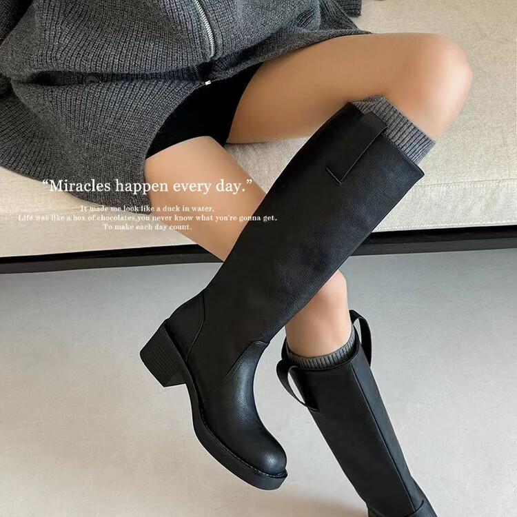 

Paris Street~ European and American thick heel square head knight boots women s 2025 autumn and winter new leather women s boots 39 чёрный