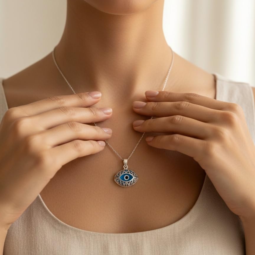 Mystic Jewels - 925 Sterling Silver Glass Evil Eye Drop Shape Filigree Pendant Silver Chain (Eye Shape), Glass, Not Applicable