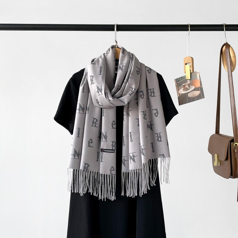 New Digital Printing Imitation Cashmere Scarf Women's Letter Printing Tassel Warm Extended Coffee Shawl