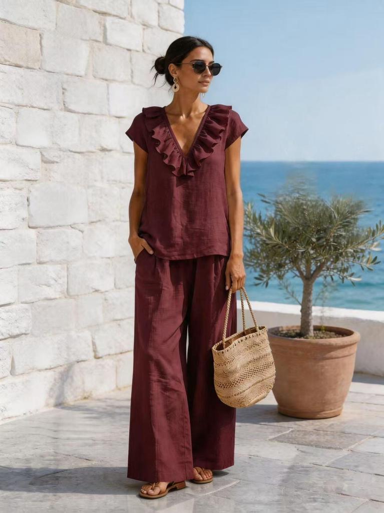 2026 Cross-border European and American romantic French light luxury vacation ruffle V-neck top and loose wide-leg pants set