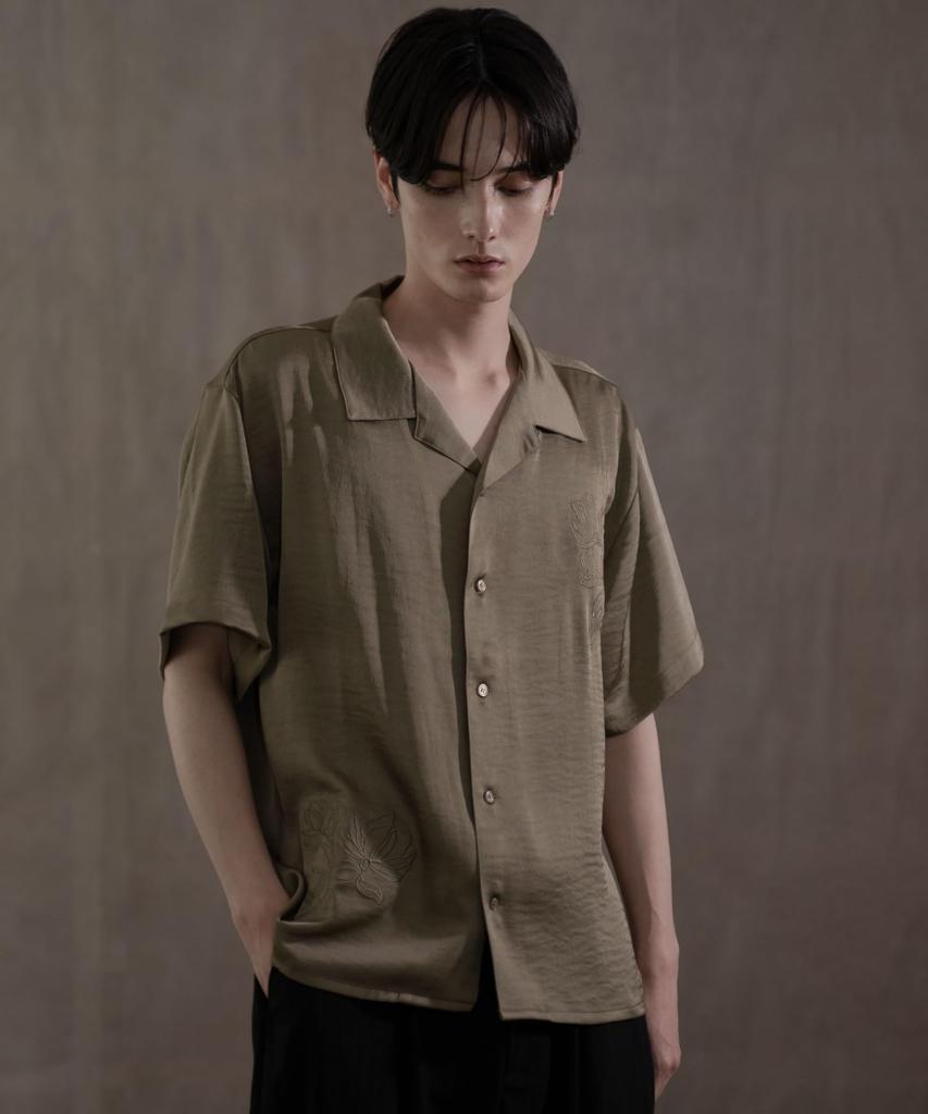 WEGO Short Sleeve Satin Embroidered Summer Simple Size M Men's Shirt, Top, Casual, Khaki,
