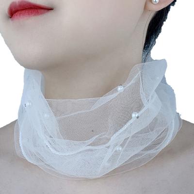 Solid Color Neck Collar Faux Pearls Decor Elastic Organza Lace Scarf Elegant Multi-functional Elastic Neck Wrap