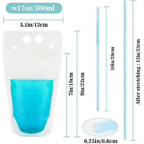 MAQIHAN 44 Drink Pouches with Straws Individually-Wrapped - 17oz Juice Drink Pouches Adults Alcohol Clear Plastic Halloween Blood Bag Reusable
