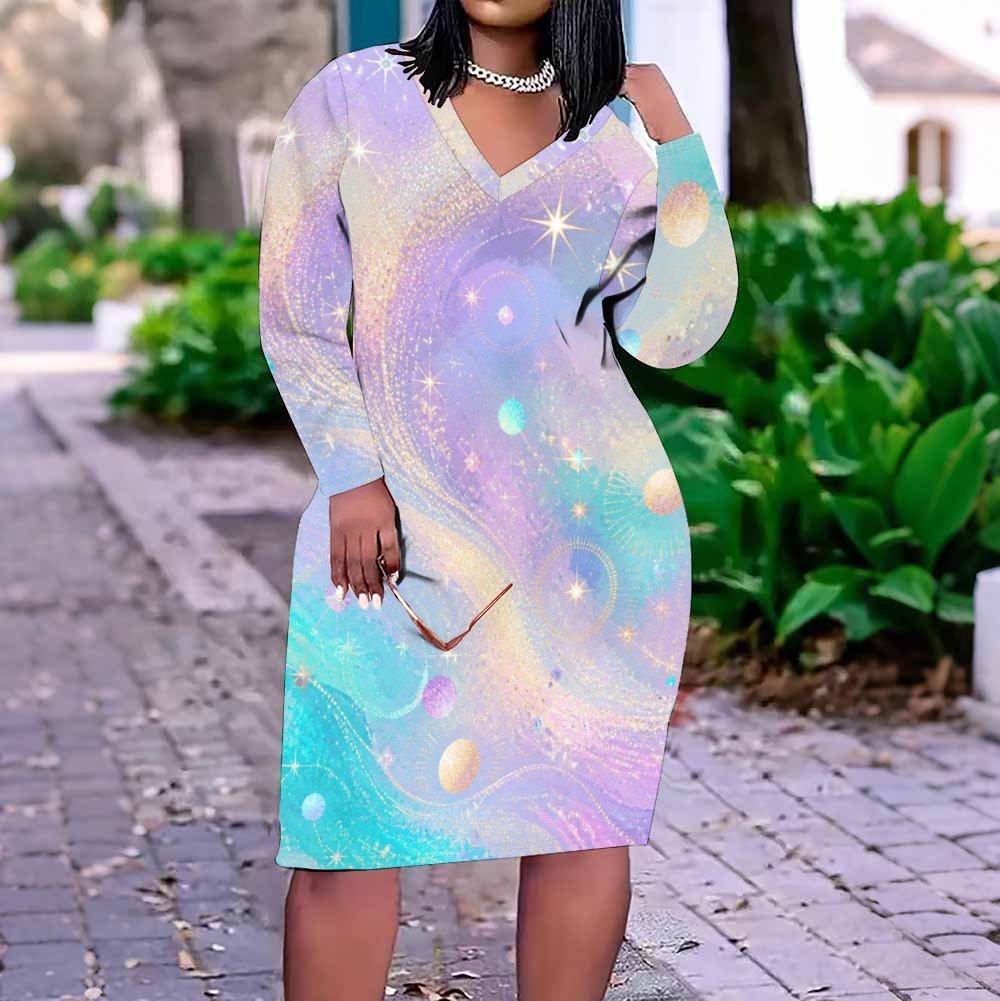 Women Plus Size V Neck Long Sleeve Printed Fitted Straight Dress White Black