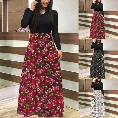 Womens Long Sleeve Christmas Loose High Waist Wedding Holiday Party Splice Maxi Dresses