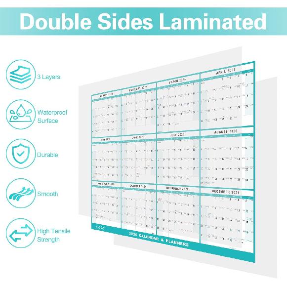 24" x 36" 2026 Wall Calendar, Folded Wet & Dry Erase Wall Calendar 12 Month, Annual Yearly Planner Yearly Laminated Calendar 2026