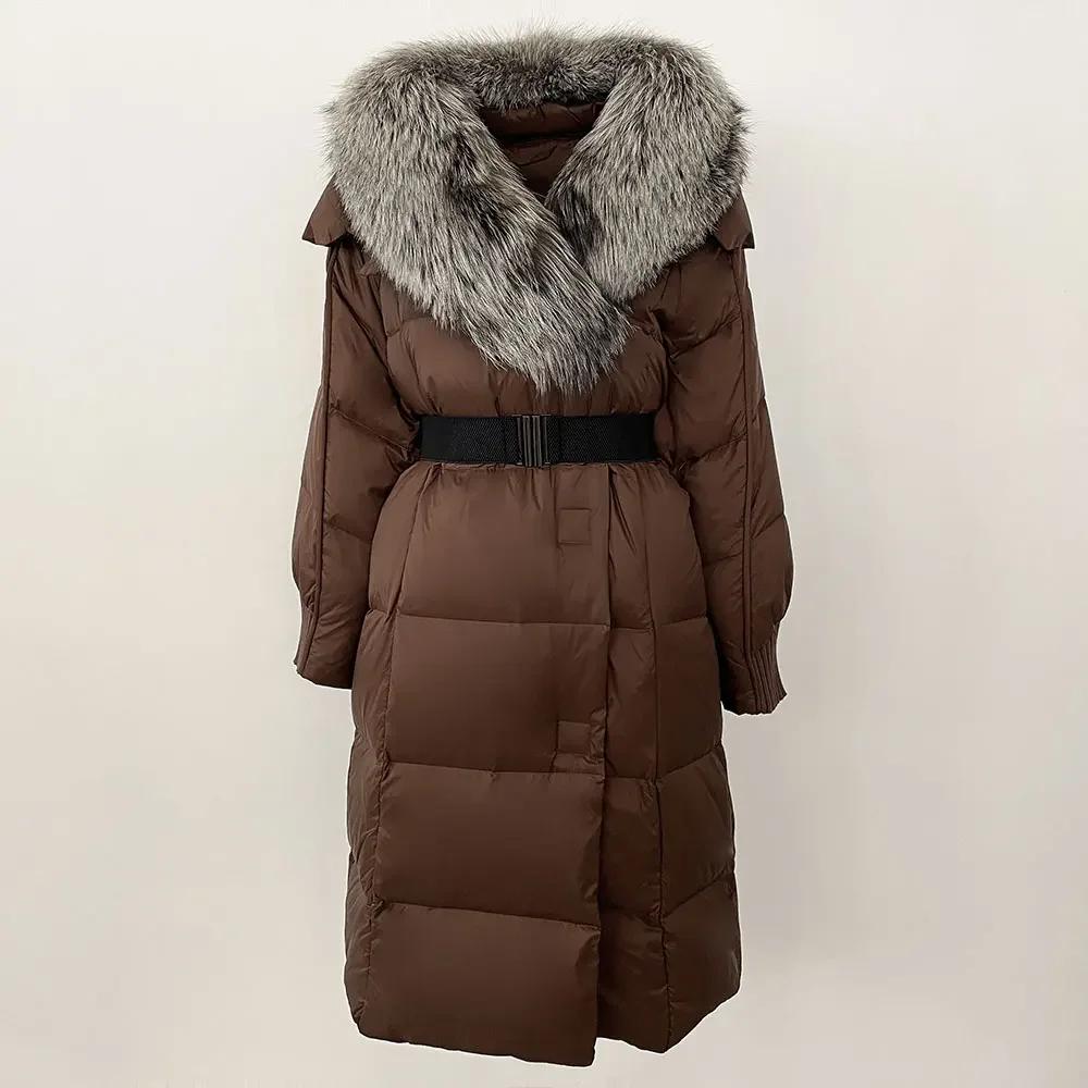 OFTBUY Winter Jacket Women Long Natural Real Raccoon Fox Fur Collar White Duck Down Coat Belt Thick Warm Casual Outerwear