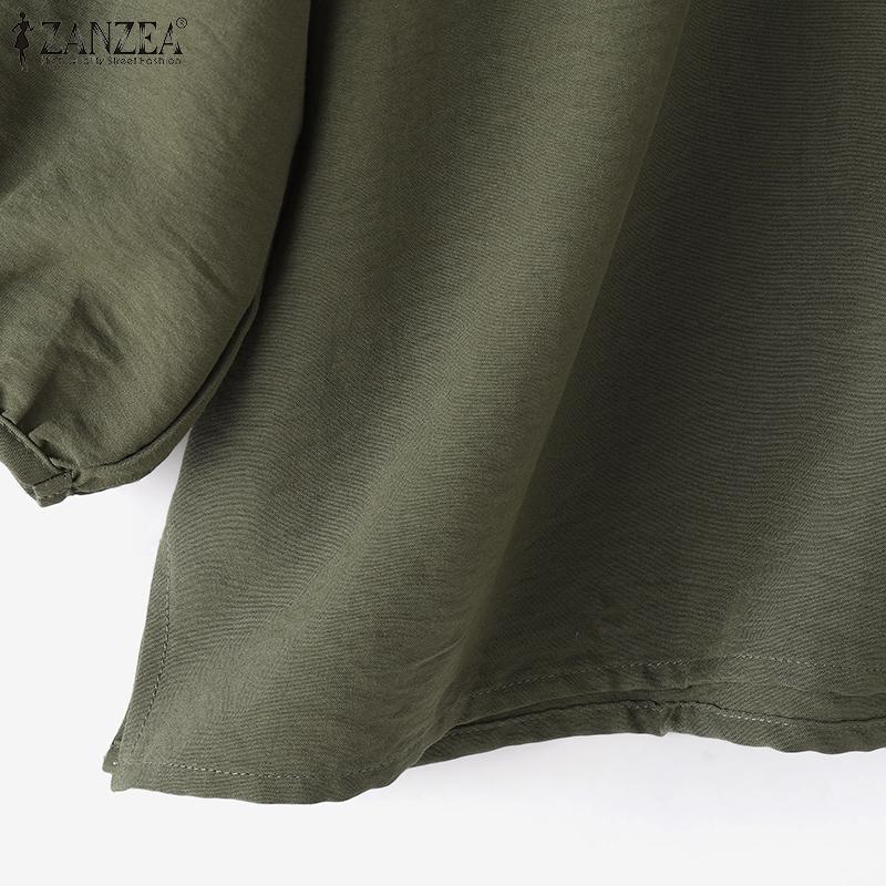 ZANZEA Women Casual Round Neckline Pleated Lantern Sleeves Split Hem Blouses