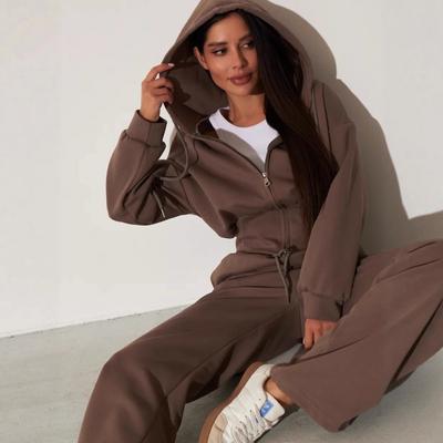 Womens Solid Color Casual Zip-Up Hooded Sweatshirt Set Loose Fit Wide Leg Pants Two Piece Outfit