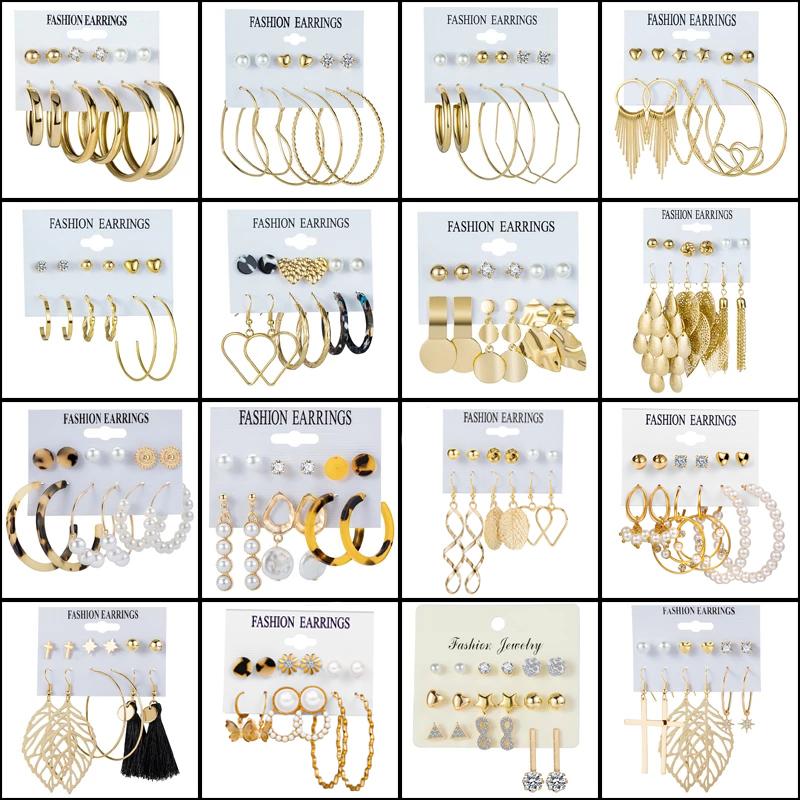 IF ME Korean Geometric Tassel Earring Set Simple Retro Leaf Heart Gold Earrings Jewelry Accessories