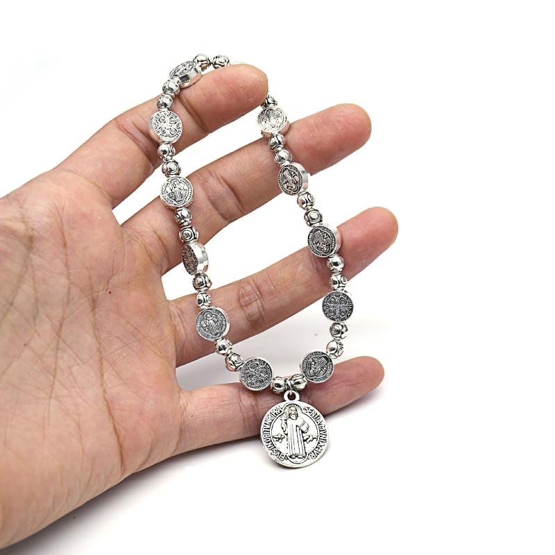 Jesus Crucifix Bracelet Silver Color Jesus Jewelry Rosary Centerpiece Sacred Mercy Saint Icons Religious Beaded Bracele