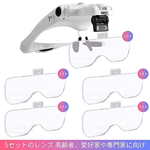 LEDGLE Head Magnifier, Eyeglasses-Style Magnifier, USB Rechargeable, with LED Light, 5 Lenses (1.0x, 1.5x, 2.0x, 2.5x, 3.5x), Dual-Use Magnifying Glas