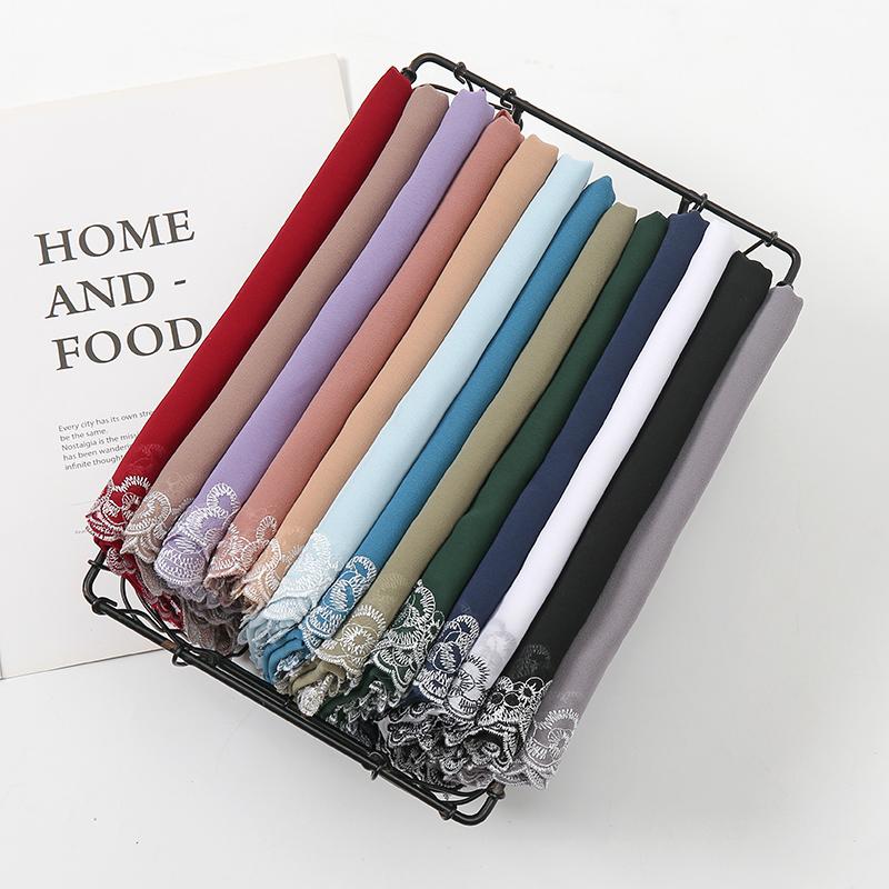 Einfacher Spitzenschal Bubble Chiffon Hijabs für Frauen Einfarbige Bestickte Schals Chiffon Muslimischer Frauenschleier Eid Abaya Frau Turban
